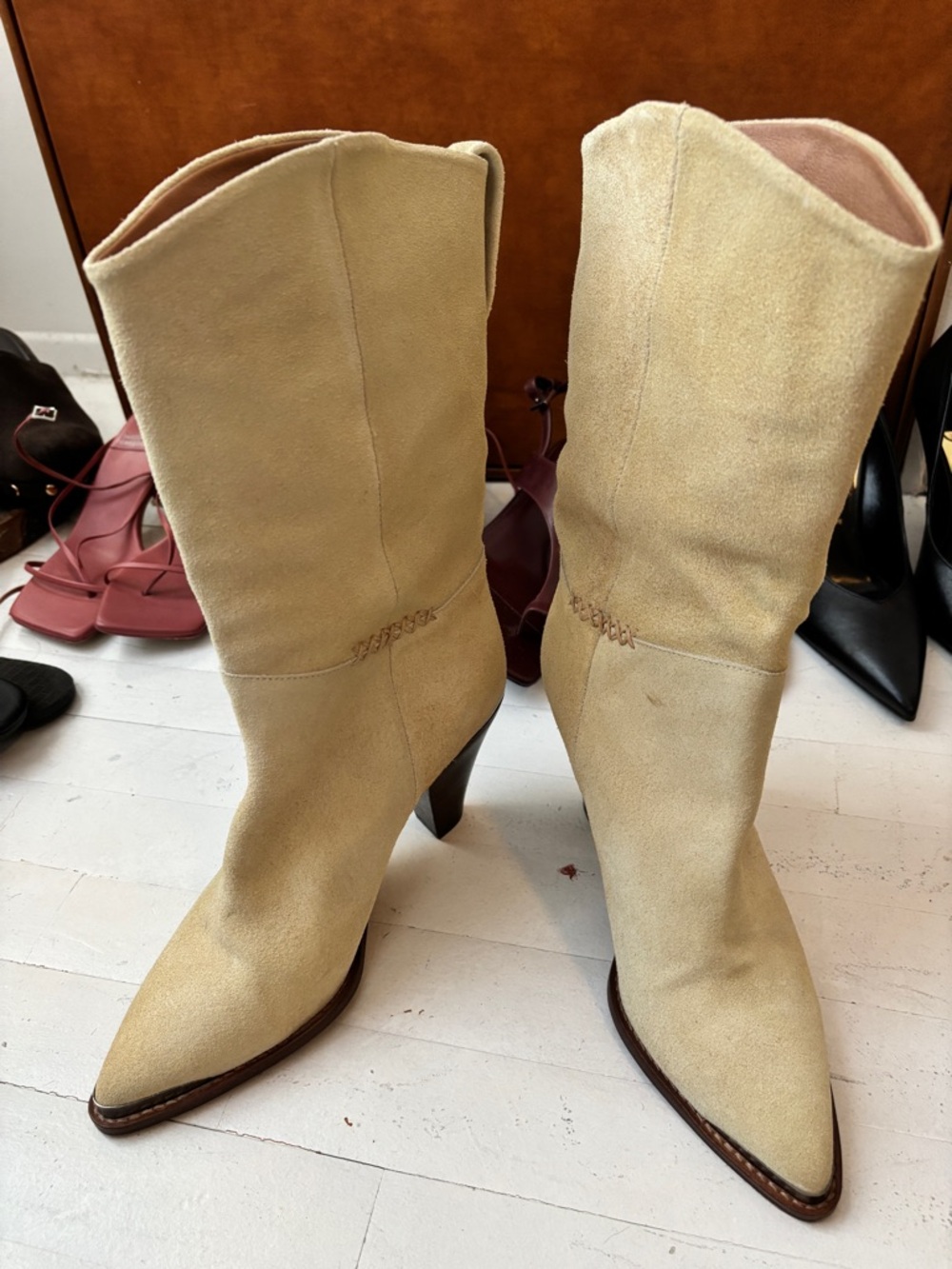 Free People Women's Tan Suede Mid-Calf Heeled Boots - Picture 2 of 5